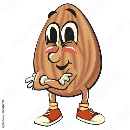 cute almond mascot cartoon vector illustration folding his arms calmly, isolated nut character for healthy food branding, packaging, and snack advertisement, work of hand drawn