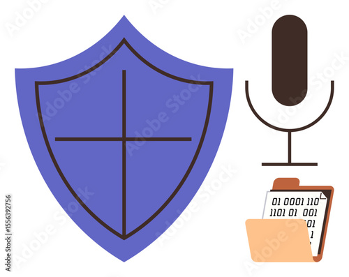Shield for security, microphone for voice data, folder with binary code for digital storage. Ideal for cybersecurity, data encryption, privacy, voice recognition, technology, secure access