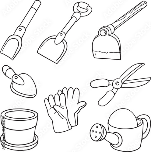 Black and white illustration set of gardening tools and equipment. Includes various shovels, a hoe, shears, gloves, a watering can, and a flower pot. Perfect for themes related to gardening, farming.