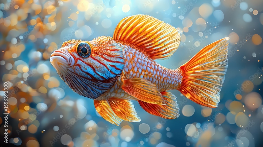 Fototapeta premium Vibrant fish with intricate patterns in a soft focus underwater scene.