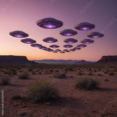 A fleet of glowing UFOs forming a geometric pattern above a desert landscape at twilight, soft pink and purple tones in the sky, mysterious and symmetrical