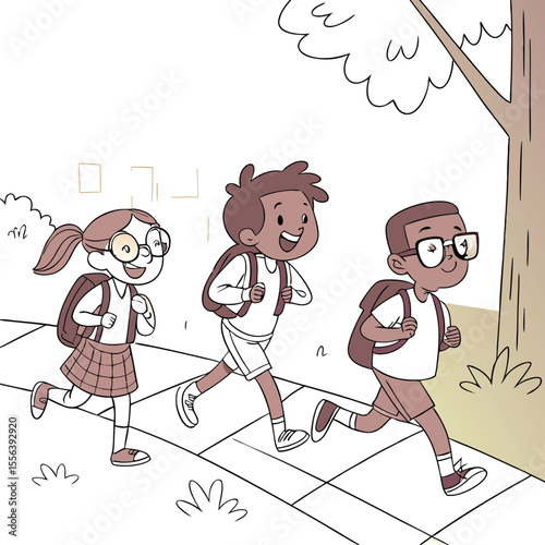 Joyful Children Running to School on a Sunny Day with Backpacks and Smiles