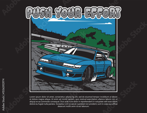 90s automotive car illustration with street view background for vector graphic image