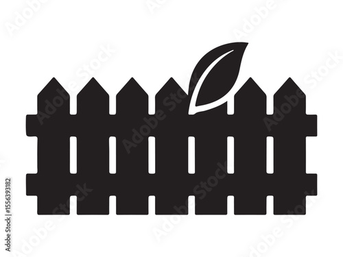 black and white illustration of a garden fence with a leaf.