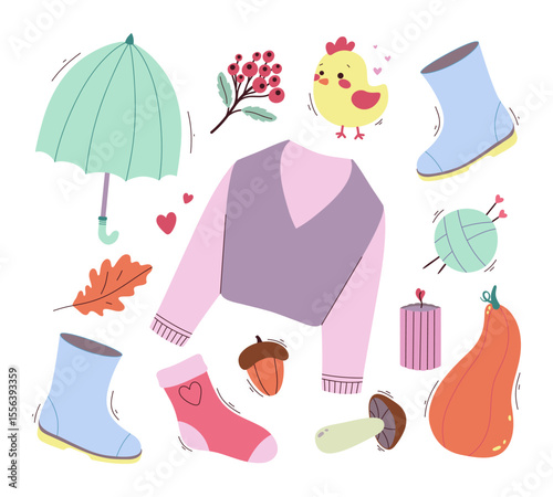 Autumn vector set. Cute illustration for cards, stickers, posters, wrapping paper, scrapbooking and other fall design