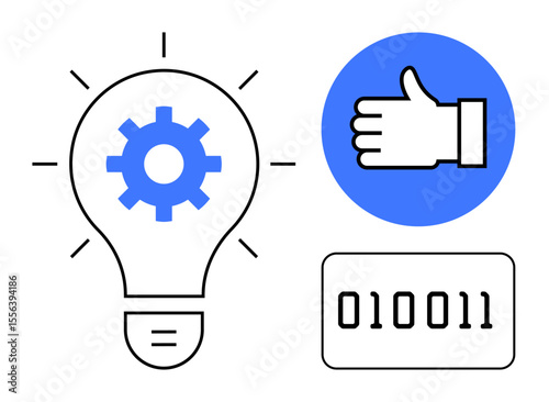 Light bulb with gear symbolizing ideas, thumbs-up for approval, binary code for technology. Ideal for innovation, efficiency, software, digital transformation, teamwork, AI simple landing page