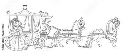 Cute cartoon princess near carriage pulled by horses with the coachman outlined for coloring book