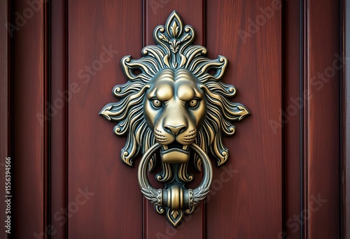 Elegant lion head door knocker with intricate detailing on a dark wood door,   metalwork,  antique