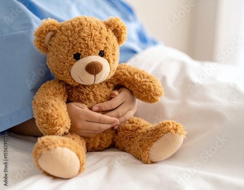 Teddy bear held by a person in a hospital bed.