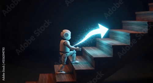 Robot climbs wooden stairs toward arrow