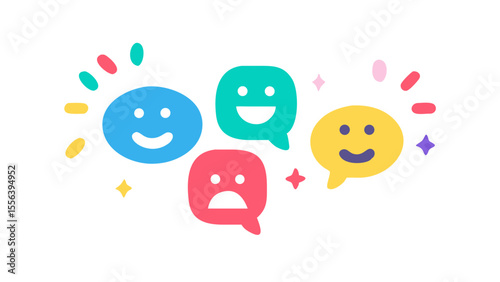 Artistic speech bubble design featuring human emotions on a white background with colorful accents.Emoticons on speech bubbles customer engagement
