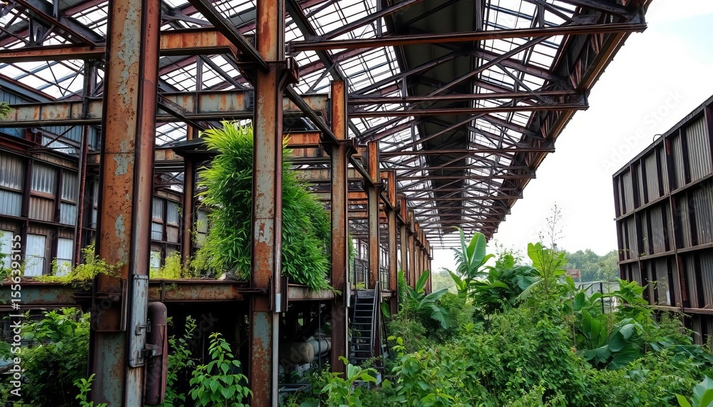 Fototapeta premium Rusting steel structures of a derelict factory, overgrown by nature, light, photography