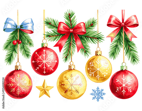 Festive Christmas Ornament Garland Watercolor Illustration, watercolor christmas tree, vector watercolor christmas tree, Beautiful vintage flower, Watercolor christmas tree collection,