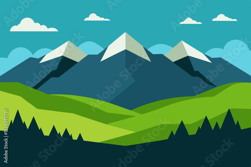 Stylized flat design of snow capped mountains and rolling green hills under a blue sky