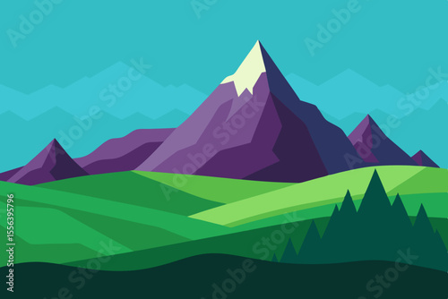 Stylized geometric mountain landscape with purple peaks and green rolling hills