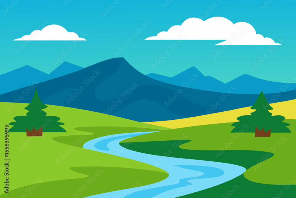 Obraz premium Stylized cartoon landscape with a winding river flowing through green hills and mountains