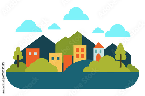 Stylized flat illustration of a colorful village nestled between mountains and water