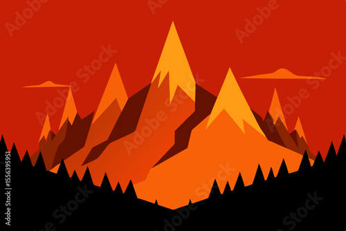 Stylized mountain range with sharp peaks under a fiery orange sky