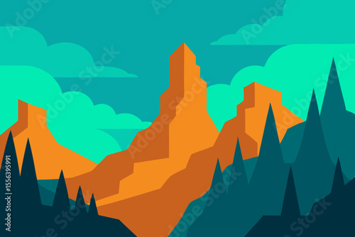 Stylized flat design landscape with orange rock formations and teal sky