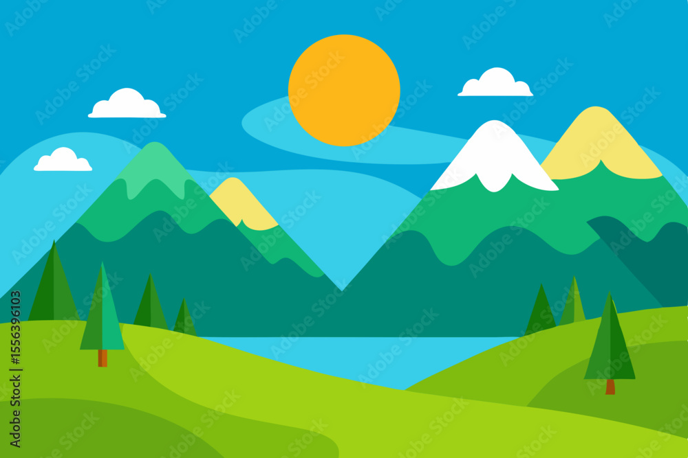 Fototapeta premium Vibrant cartoon landscape with green rolling hills mountains a lake and a bright sun