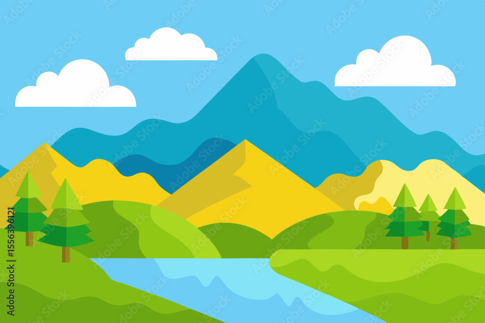 Fototapeta premium Vibrant flat illustration of a serene mountain landscape with a winding river and fluffy clouds