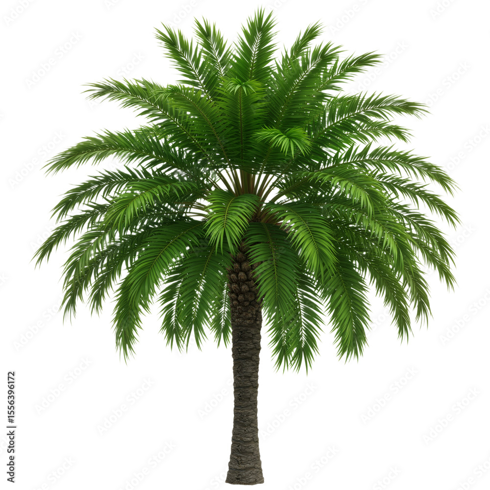 Obraz premium Lush Palm Tree with Radiating Fronds and Vibrant Green Leaves Against White Background.