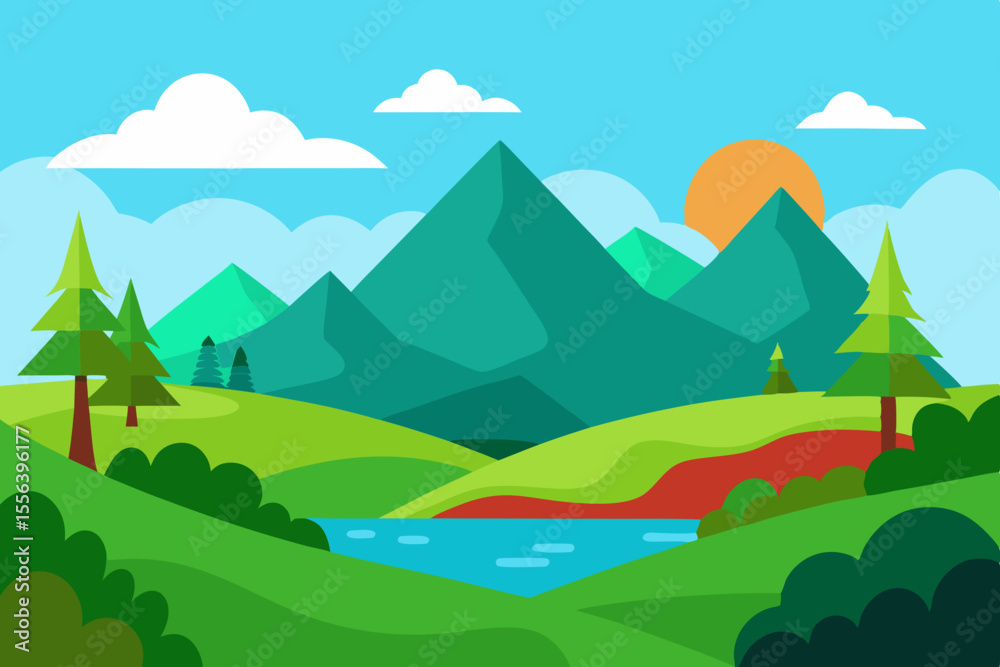 Fototapeta premium Flat design landscape with mountains lake trees and sun