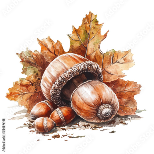 Autumn Acorns On Ground, watercolor illustration vector, isolated on a white background.