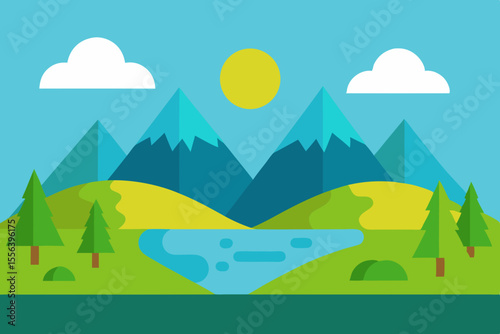 Flat design landscape with mountains lake trees sun and clouds
