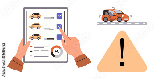 Hands selecting autonomous cars on a tablet, a self-driving car on a road, and a hazard alert. Ideal for technology, automotive, decision-making, safety, innovation, transportation future readiness