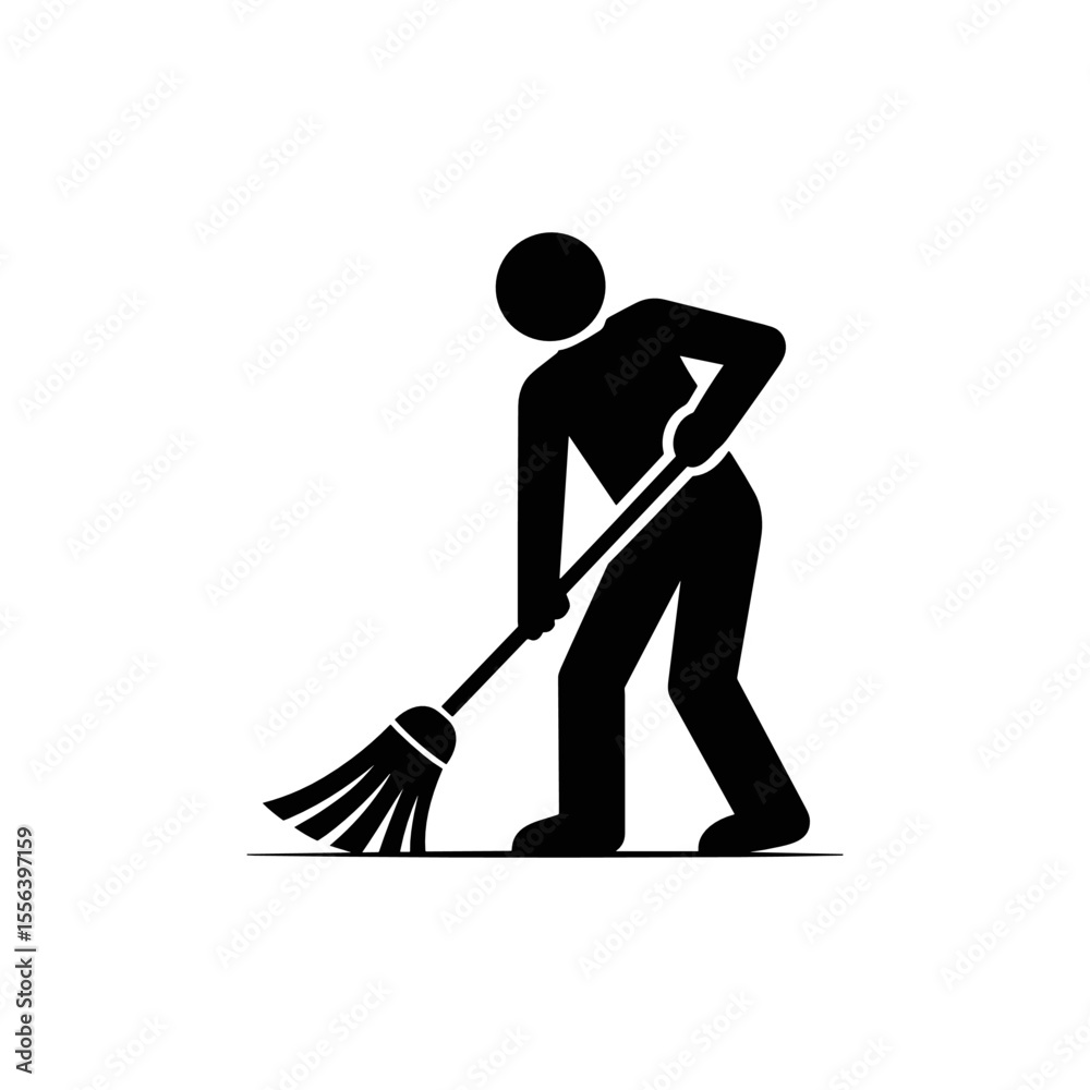 Fototapeta premium Cleaning icon: A simplified silhouette of a person sweeping, demonstrating the act of cleaning and tidying with a broom, conveys clarity and simplicity.