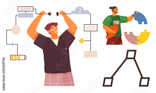 Person configuring a process map, another assembling puzzle pieces, diagram, and icons. Ideal for teamwork, creativity, planning, organization, technology innovation simple flat metaphor