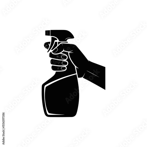 Hand Holding Cleaning Spray Bottle Silhouette: An abstract silhouette illustration of a hand gripping a cleaning spray bottle.