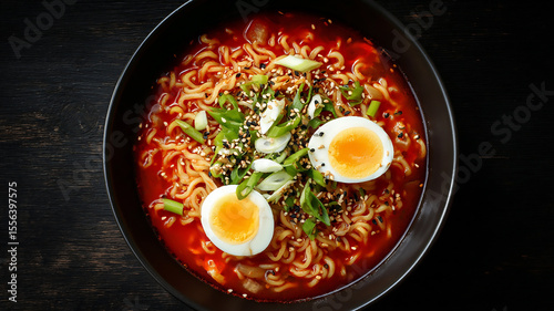 Spicy Ramen Noodles: Delicious Korean Food Photography - Bowl of Noodles with Egg