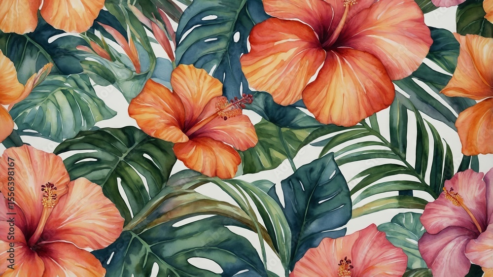 custom made wallpaper toronto digitalBeautiful Hibiscus Flowers and Tropical Leaves in Vibrant Colors Create a Lively and Fresh Botanical Pattern Ideal for Home Decor in Any Setting