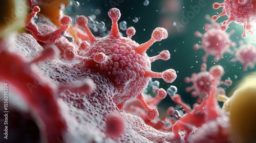 Microscopic view of virus invasion showcasing intricate structures and infection process in a cellular environment