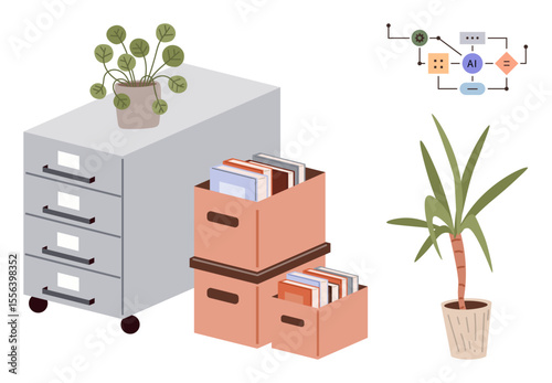 Filing cabinet and document boxes with books, two potted plants, and an AI workflow diagram. Ideal for organization, productivity, remote work, technology, modern office, nature and data