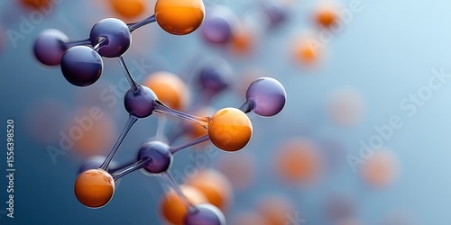 Vibrant orange and ultraviolet spheres illustrate molecular structure in a modern graphic design style