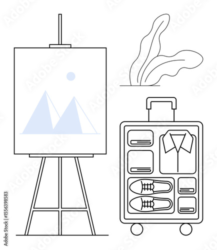 Easel with abstract pyramids painting, open suitcase neatly packed with clothing and shoes, and decorative plant. Ideal for travel, creativity, organization, planning, inspiration, exploration