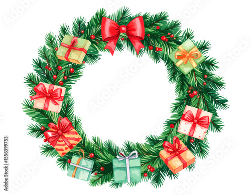 Watercolor Christmas Wreath with Presents and Red Bow Festive Holiday Decoration, watercolor christmas tree, vector watercolor christmas tree, Beautiful vintage flower, Watercolor christmas tree colle
