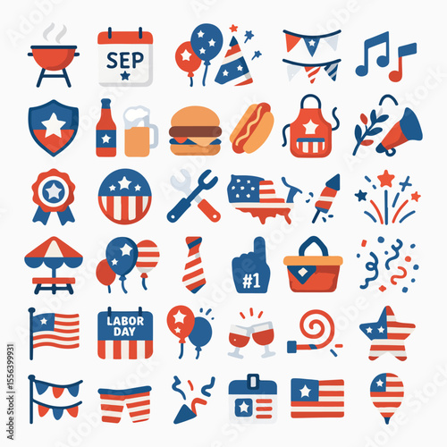 Labor Day Celebration Icon Set – Patriotic USA Holiday Symbols in Flat Vector Style