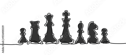 collection set of black chess pieces of rook, knight, king, queen, bishop, pawn symbol sign One continuous line drawing Doodle outline, monoline lineArt with place for text free space copyspace