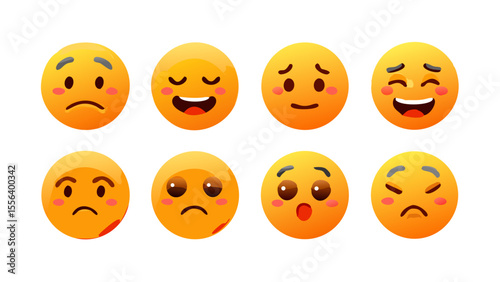 A collection of nine 3D emoticon faces exhibiting various emotions on a bright orange background.
