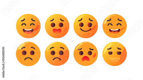 A collection of nine 3D emoticon faces exhibiting various emotions on a bright orange background.

