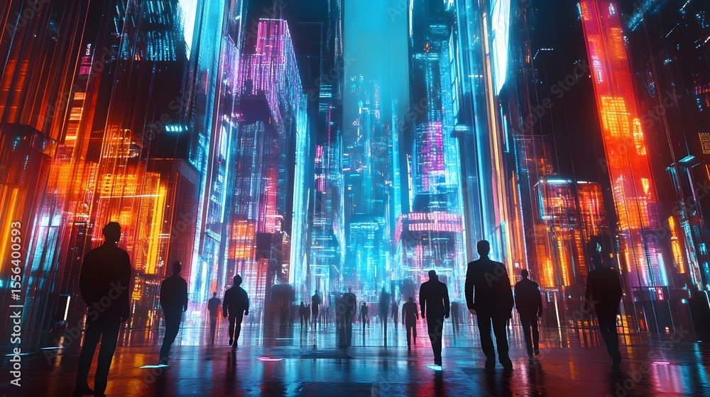 custom made wallpaper toronto digitalNeon Cityscape at Night: Silhouetted figures traverse a vibrant, futuristic cityscape at night, illuminated by neon lights and holographic displays.  The scene evokes a sense of mystery and wonder.