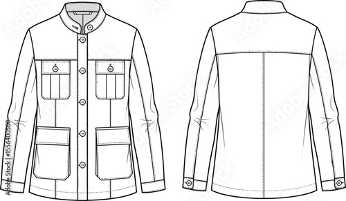 Technical flat sketch of men's utility field jacket front and back view, CAD fashion drawing, vector illustration, detailed pockets, collar, sleeves, stitching design