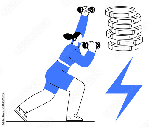 Person exercising with dumbbells, symbolizing energy and strength, alongside a stack of coins and a lightning bolt. Ideal for health, motivation, fitness, productivity, energy, investment personal
