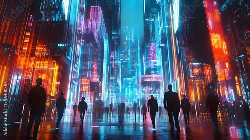 Wallpaper Mural Neon Cityscape at Night: Silhouetted figures traverse a vibrant, futuristic cityscape at night, illuminated by neon lights and holographic displays.  The scene evokes a sense of mystery and wonder. Torontodigital.ca