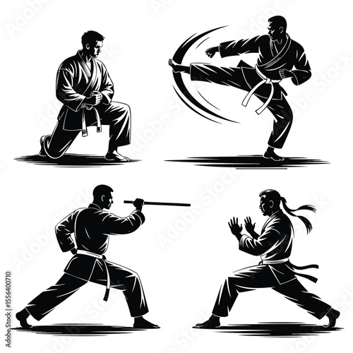 Martial Arts Silhouettes: Karate, Kung Fu, Self-Defense Techniques, Action Poses, Black and White Illustrations