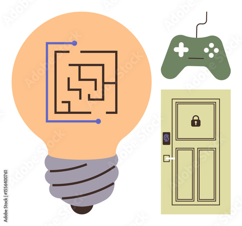 Light bulb with a maze suggests creative problem-solving, gaming controller for digital challenges, locked door symbolizing security. Ideal for tasks, strategy, brainstorming, security, games